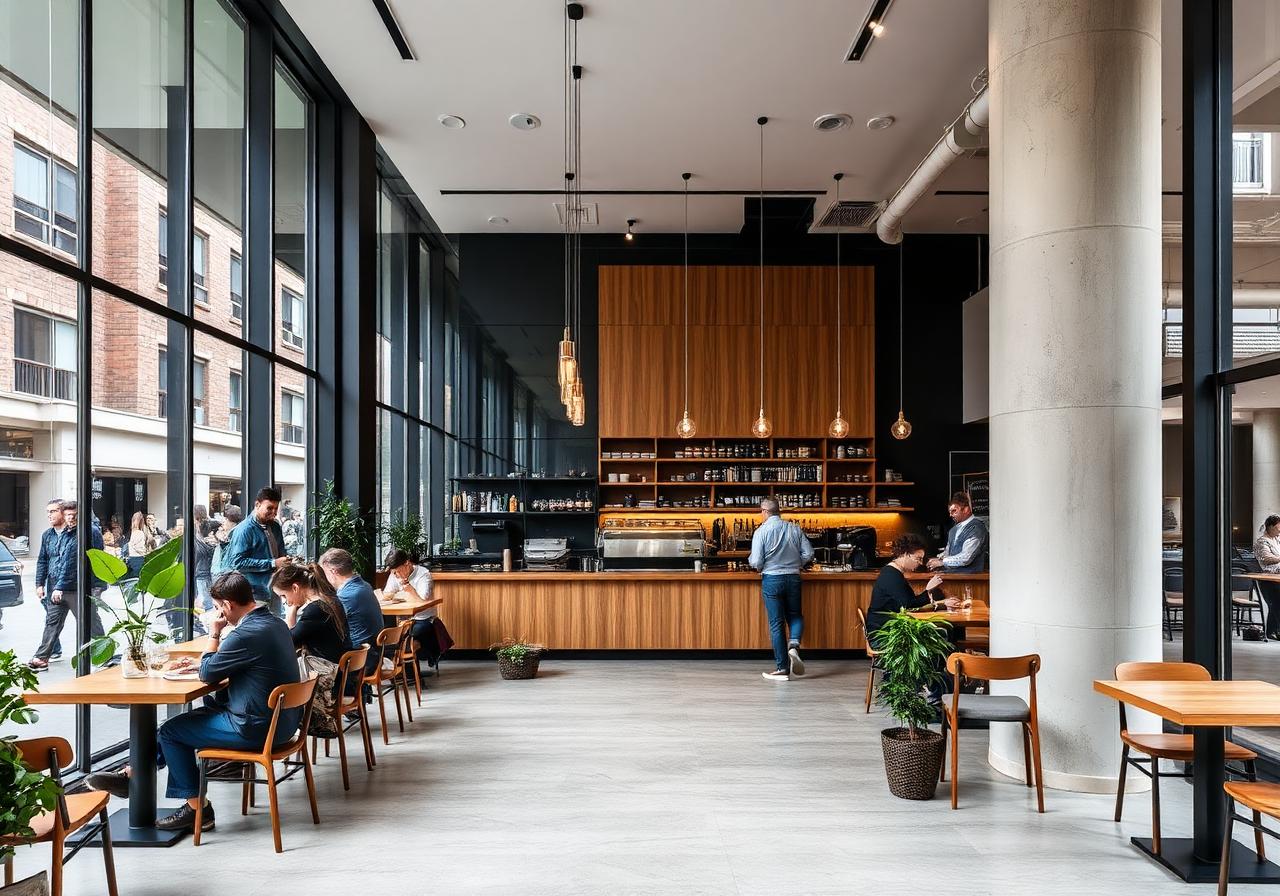 Interior de café e bistrô com pé-direito alto e fachada de vidro